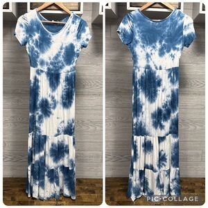 Boho Tie Dye Tiered Maxi Dress M Blue Hippie Beach Coastal See You Monday LA